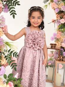 SHEIN Young Girl's Sleeveless Round Neck Dress With Short Sleeves, Gorgeous Floral Design - Multicolor - View 4