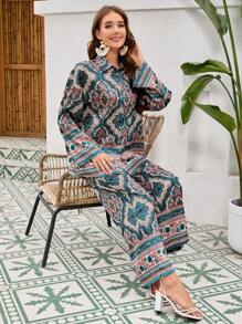 Seusyu 女士復古風印花度假兩件套裝 - 粉色 - 查看 1