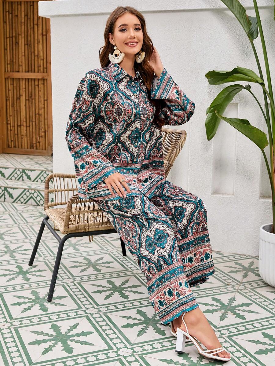 Seusyu 女士復古風印花度假兩件套裝 - 粉色 - 查看 1