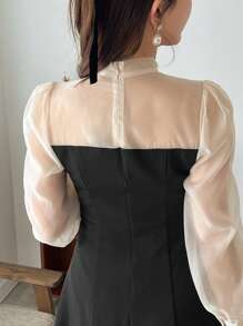 FRIFUL Ladies' Color Block Belted V-Neck Long Sleeve Dress