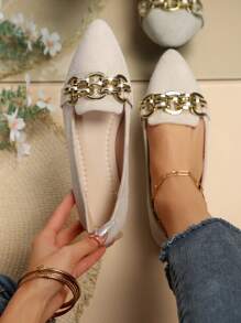 Fashion Black & Golden Thread Pointed Toe Flat Shoes, Size 35-45, For Women, Casual Slip-On Comfortable Lightweight Flat Shoes, Suitable For Spring, Summer & Autumn - Beige - View 4