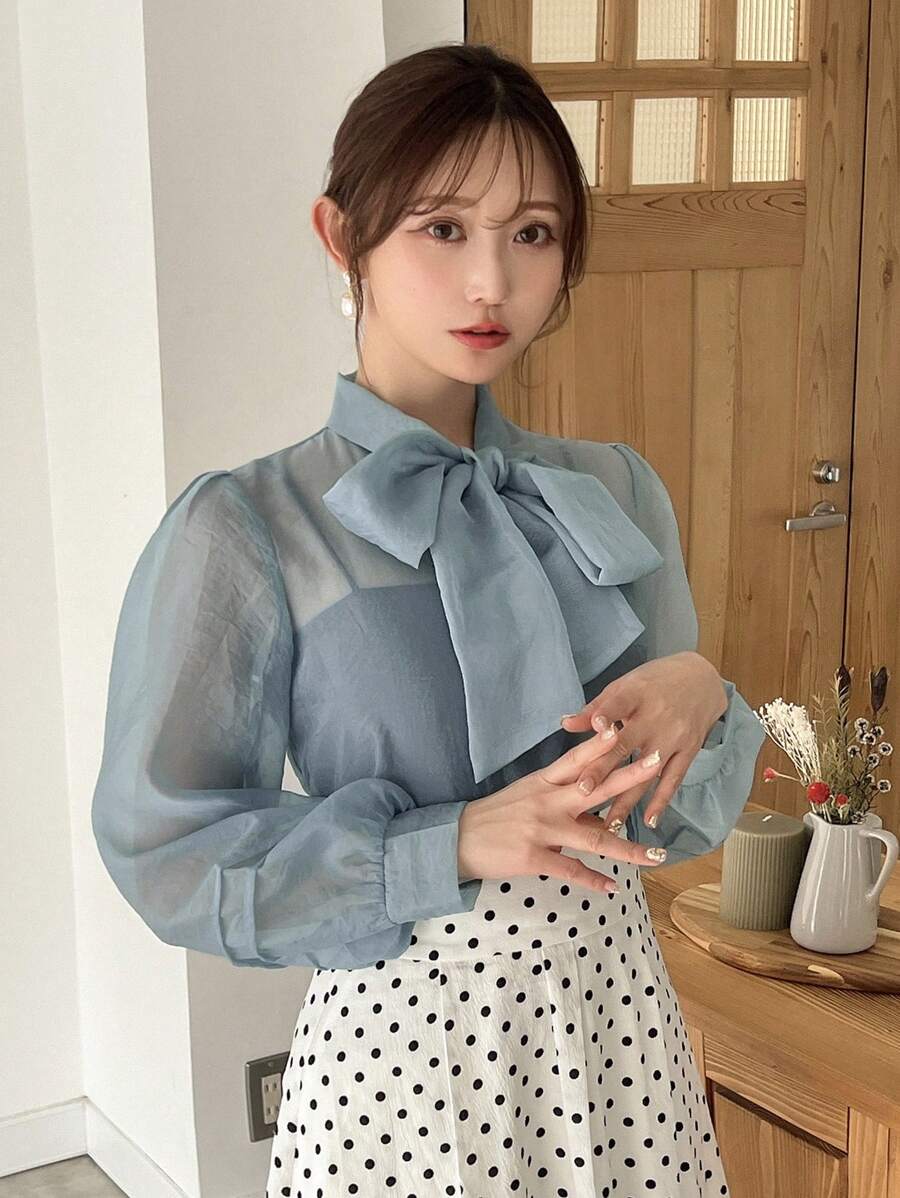 FRIFUL 女式超大领结透视衬衫 - 淺藍色 - 查看 1