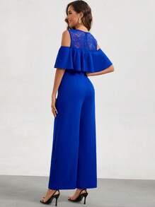 SHEIN Clasi Ladies' Cold Shoulder Lace Splicing Jumpsuit - Blue - View 2