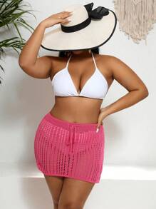 SHEIN Swim Curve 大码抽绳腰镂空针织罩衫裙夏季 - 玫紅色 - 查看 3