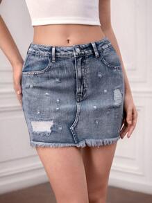 Forever 21 تنورة جينز نسائية بحاشية مهترئة ممزقة - الأزرق - مشاهدة 5