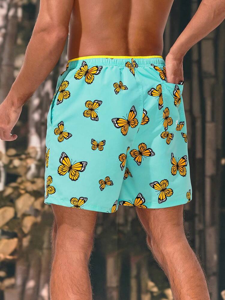 Men's Beach Shorts With Butterfly Print And Drawstring Waist