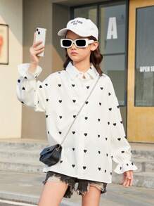 Tween Girls 日常甜美與酷感心形印花寬鬆休閒長袖襯衫 - 黑色 - 查看 3