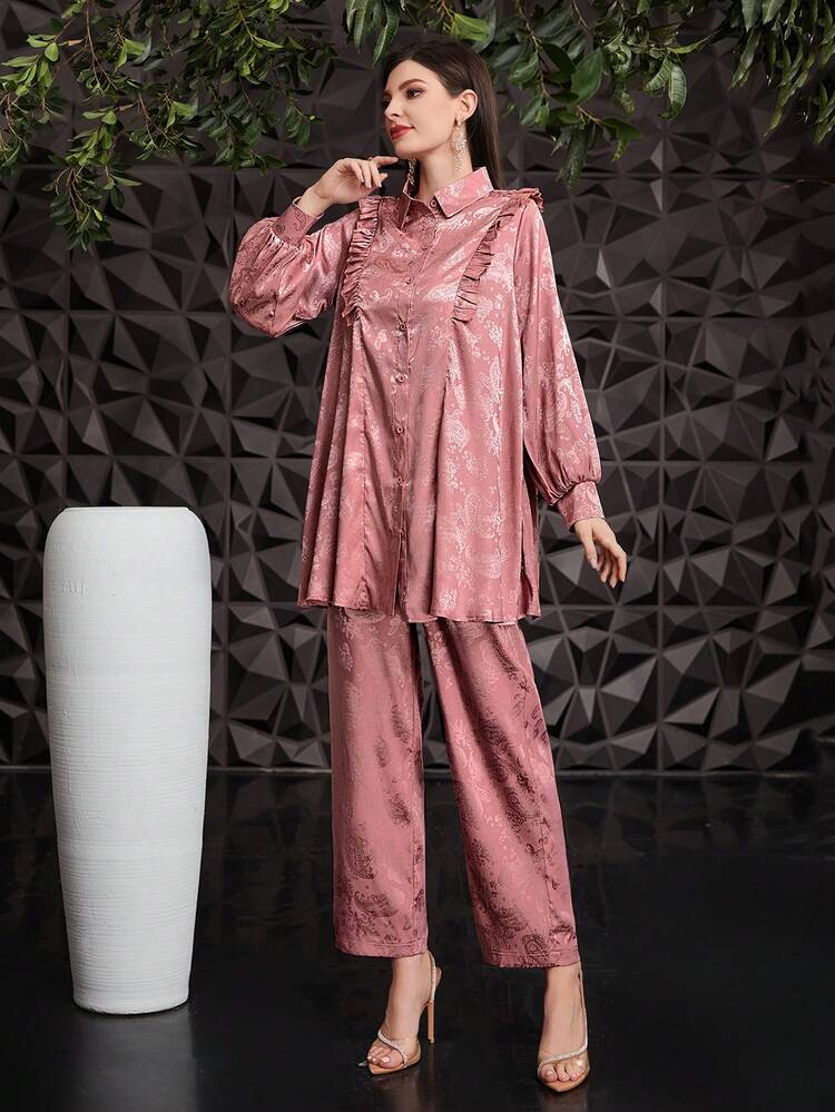 Women's Jacquard Long Sleeve Shirt And Pants Two-Piece Set 2 Piece Set