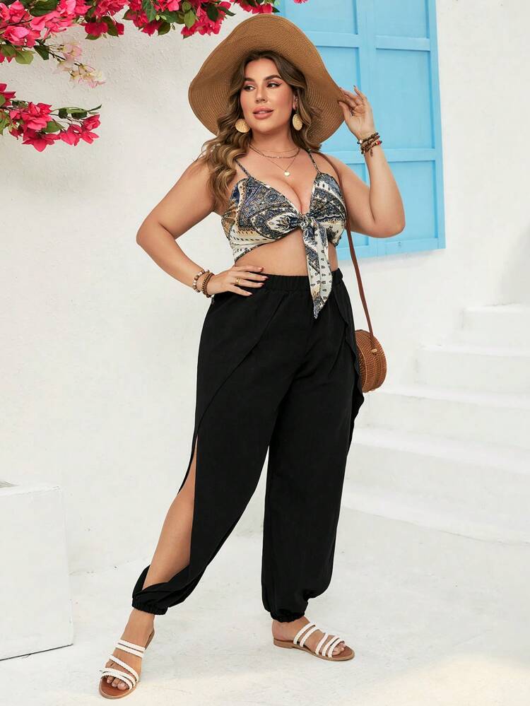 Plus Size Vintage Printed Cami Top With Split Wide-Leg Pants Set