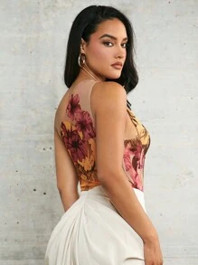 Silquee 春季服装抽象花卉网眼印花单肩镂空褶皱紧身弹力假日女式紧身衣 - 彩色 - 查看 2