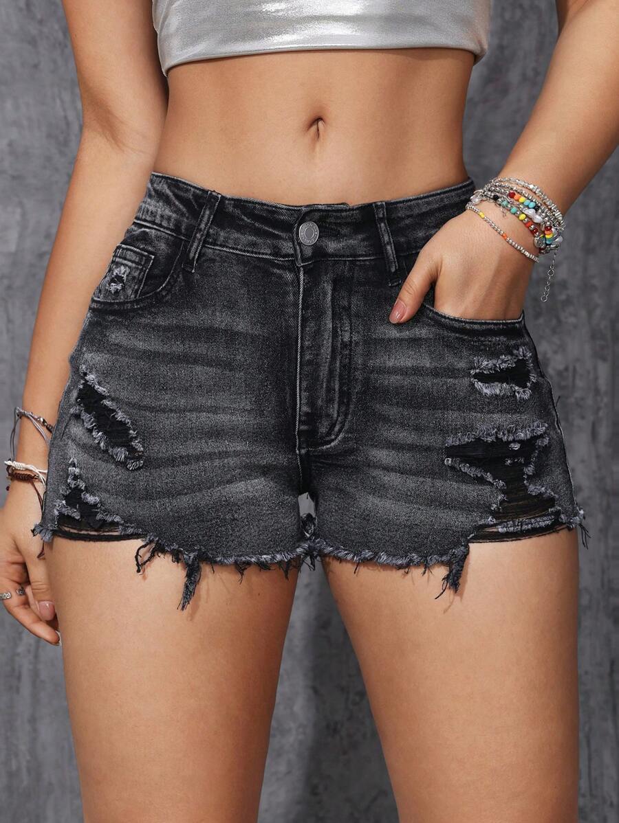 SHEIN ICON Distressed Frayed Hem Skinny Denim Shorts Y2k - Black - View 1