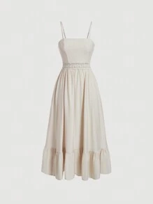 SHEIN MOD 拼接水溶花邊雙肩頸吊帶裙,鬆緊裝飾邊緣設計 - 杏色 - 查看 1