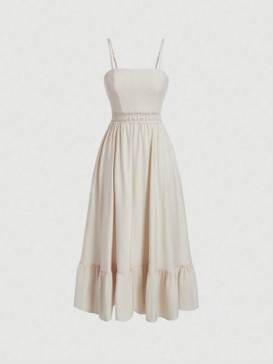 SHEIN MOD 拼接水溶花邊雙肩頸吊帶裙,鬆緊裝飾邊緣設計 - 杏色 - 查看 1