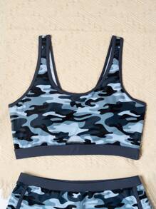 Teen Girls' Camouflage Print Tank Top And Shorts Bikini Set - Grey - View 5