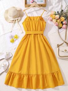 少女編織高低底裙細肩帶裙子 - 黃色 - 查看 2