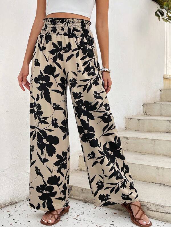 Breezaya Floral Printed Elastic Waist Wide Leg Pants