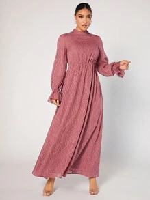 Modelyn Women's Stand Collar Ruffle Long Sleeve Arabic Style Dress Modest Dress Long Evening Dresses - Pink - View 6