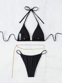 SHEIN Swim 女士比基尼套装（微三角杯，随机饰品）夏季 - 黑色 - 查看 6
