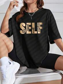 SHEIN EZwear Quý cô Vòng cổ Áo thun Với In thư - màu đen - Xem 1