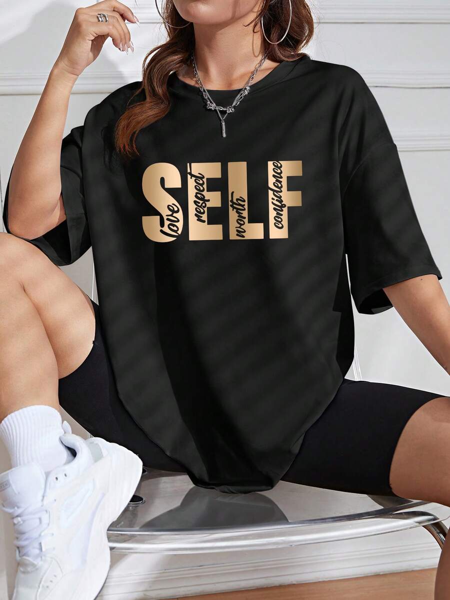 SHEIN EZwear Quý cô Vòng cổ Áo thun Với In thư - màu đen - Xem 1