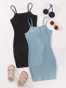 SHEIN Conjunto de vestido de punto acanalado casual de 2 piezas para niña preadolescente en unicolor - Multicolor - Ver 1