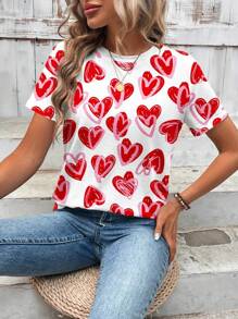 SHEIN LUNE 休闲简约心形图案圆领短袖宽松女士T恤，情人节衣服，情人节礼物