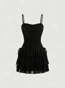 SHEIN MOD Layered Cake Tulle Spaghetti Strap Dress,Long Dress - Black - View 2