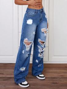 SHEIN ICON Ripped And Flared Leg Jeans - Medium Wash - View 6