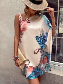 SHEIN Clasi 女性植物印花不對稱領直筒連身裙