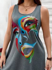 SHEIN LUNE 大尺碼女士休閒無袖抽象人物印花連衣裙 - 灰色 - 查看 5