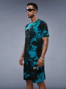 Manfinity RebelGame Men Cotton Drop Shoulder Letter Pattern Tie Dye Tee & Drawstring Waist Track Shorts - Mint Blue - View 3