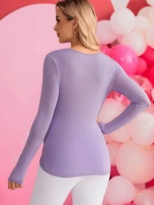SHEIN 孕婦心形領摺褶長袖t恤 - 紫色 - 查看 2
