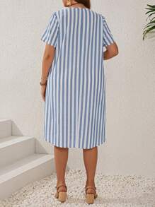 EMERY ROSE 加大尺碼女士藍白條紋短袖連襟口裙裝 - 藍白色 - 查看 2