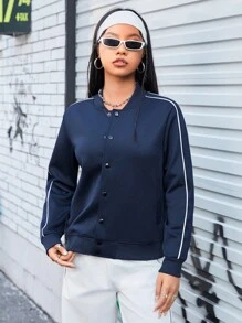 Gameset SHEIN Sport Tương phản Màu sắc Cạnh cuộn Single-breasted Áo khoác bóng chày - màu đen - Xem 4