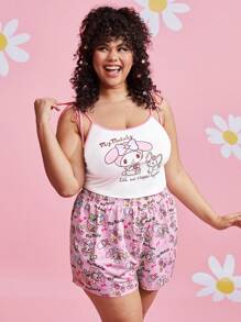 HELLO KITTY AND FRIENDS | SHEIN Women Plus Cute Cartoon Print Pink Pajama Set For Summer And Spring - Multicolor - View 3