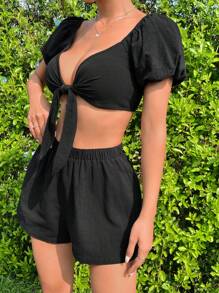 SHEIN EZwear Đen Dệt Ngắn Top Cây trồng Và Bộ quần short - màu đen - Xem 5