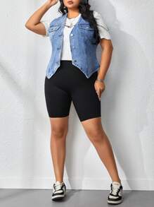 SHEIN EZwear Plus Size Women's Asymmetrical Hem Sleeveless Denim Top