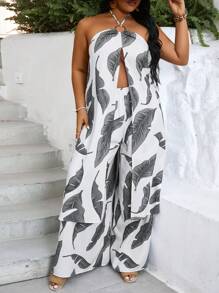 SHEIN VCAY Plus Size Summer Beach Vacation Style Tropical Print Halter Neck Camisole Top And Long Pants Two-Piece Set