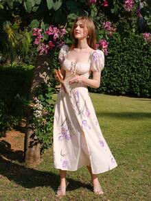 Women's Floral Print Puff Sleeve Split Dress, Square Neck, For Summer Vacation - Beige - View 7