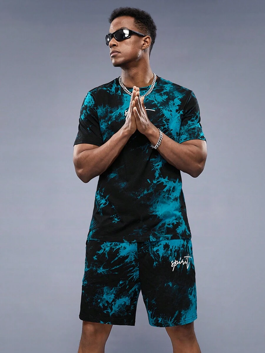 Manfinity RebelGame Men Cotton Drop Shoulder Letter Pattern Tie Dye Tee & Drawstring Waist Track Shorts - Mint Blue - View 1