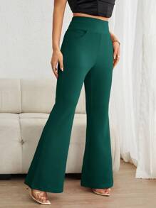 SHEIN Essnce 女式纯色高腰喇叭裤 - 墨綠色 - 查看 4