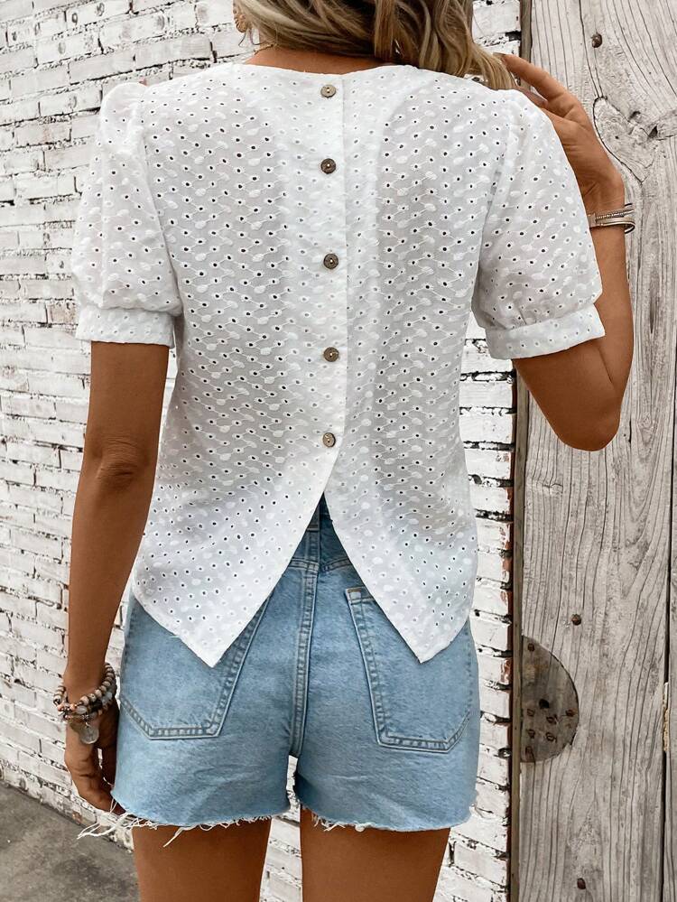 Solid Color Hollow Out Embroidery Detail Shirt With Back Button Decoration