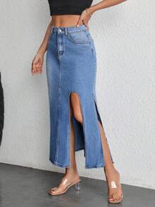 SHEIN Essnce Ladies Casual Loose High Waist Fitted Denim Skirt - Medium Wash - View 4