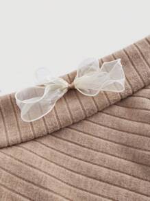 SHEIN MOD Women's Bow Decorated Off Shoulder Long Sleeve T-Shirt - Apricot - View 4