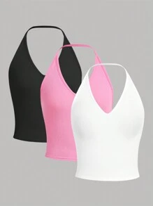 SHEIN 3 cái/bộ Thiếu niên cô gái Màu thuần Dệt kim gân sọc Áo hai dây - Màu Hồng  Dưa hấu - Xem 1