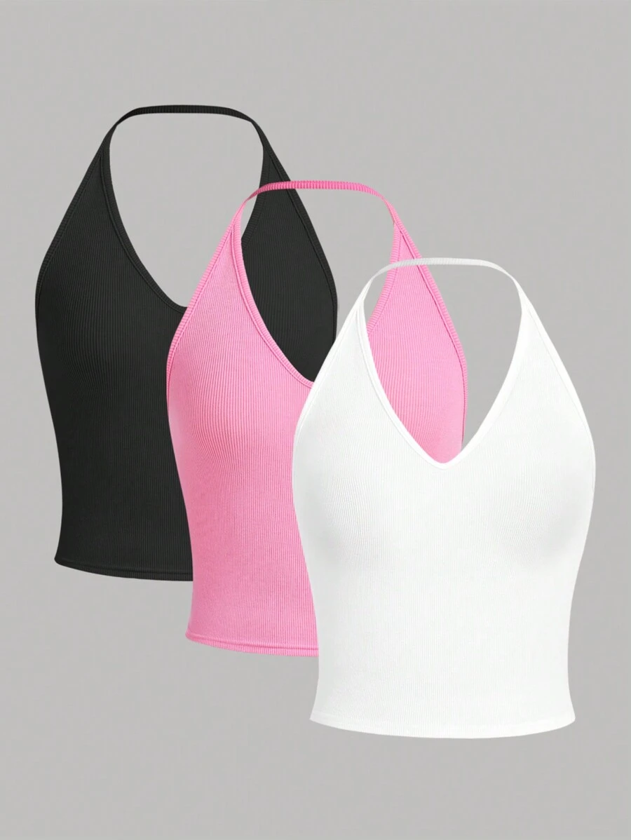SHEIN 3 cái/bộ Thiếu niên cô gái Màu thuần Dệt kim gân sọc Áo hai dây - Màu Hồng  Dưa hấu - Xem 1