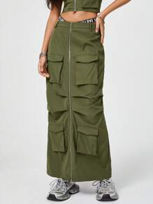 SHEIN EZwear Falda En Estilo De Trabajo Con Línea A Y Múltiples Bolsillos - Verde militar - Ver 3