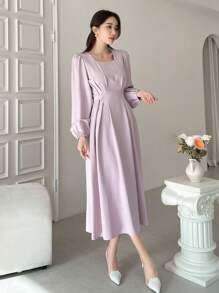 DAZY Ladies' Square Neck Lantern Sleeve Midi Dress