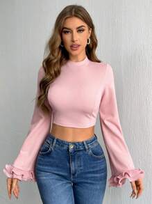 SHEIN Privé Women's Spring/Summer Round Neck Slim Fit Bell Sleeve Cropped T-Shirt - Pink - View 5