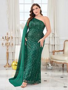 Asymmetric Neck Chiffon Extra Long Caped Sleeve Sequin Formal Dress - Dark Green - View 4